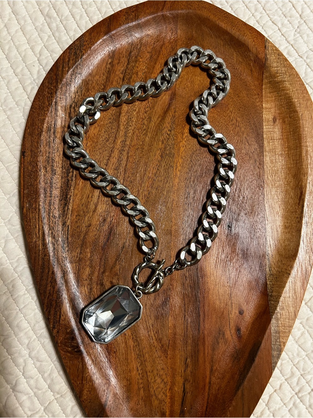 Alternative Silver-Tone Curb Necklace with Clear Gem Charm